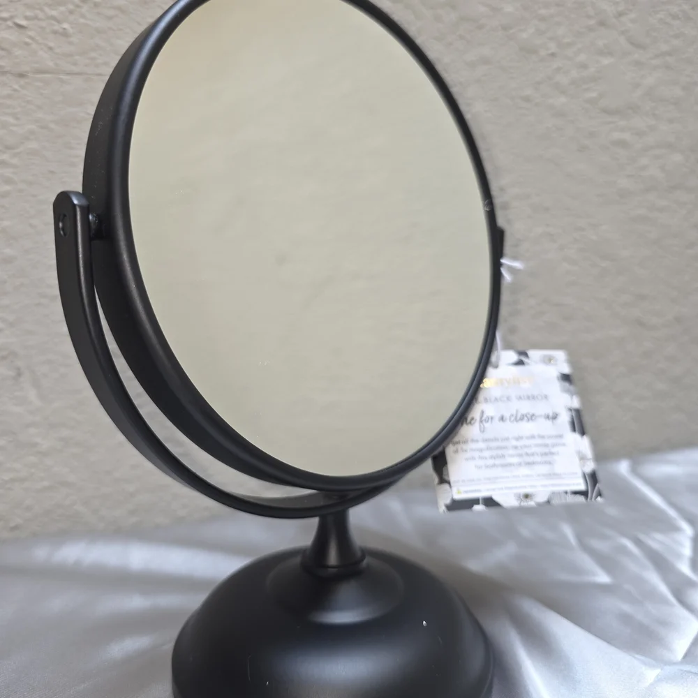 Black Round Vanity Mirror with Stand - Black